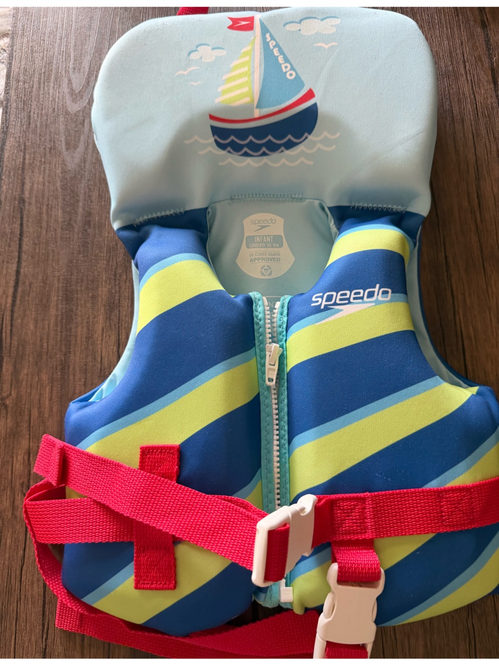 Speedo Blue Lime Striped Kids Swim Vest with Sailboat Hood